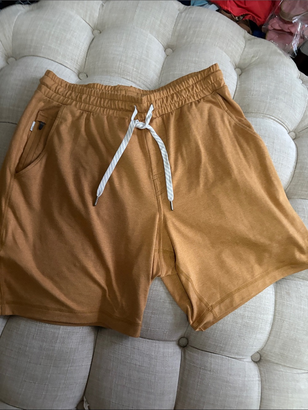 Vuori Men's Athletic Shorts in Caramel Brown with White Drawstring